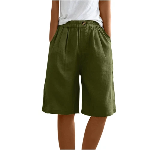 Pantalones cortos para mujer color liso bolsillo abotonado capris cintura elástica sueltos - Imagen 16 de 66