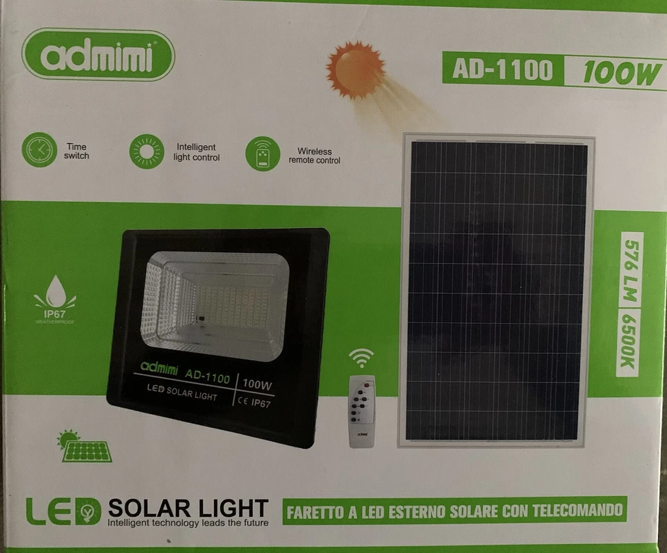 Faro Led 100 Watt con Pannello Solare Crepuscolare Proiettore IP67 + Telecomando - Immagine 4 di 4