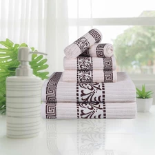 6-Piece Cotton Towel Set, Decorative Greek Pattern, Home Essentials, Absorben...
