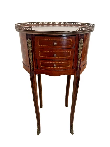 Oval accent Table Nightstand Three Drawers, Inlays, Brass Accents French style