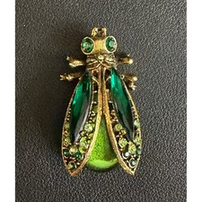 Vintage ART Insect Brooch Arthur Pepper Green Jelly Belly Rhinestone Gold Tone