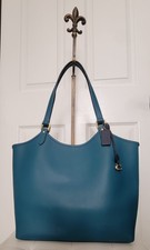RARE Coach Teal Blue/Green Pebble Leather Large Tote Brass Hardware Charm EUC