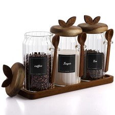 3 Sets Glass Coffee Sugar Tea Canister 27 oz Airtight Food Storage Jar with W...