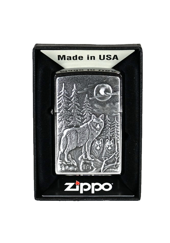 Authentic USA made Zippo 3D Timber Wolf Under Moon Steel Vin