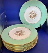 Ten 1940s Copeland Spode Dinner Plates - Mint Green Band Gold Fruit and Flowers