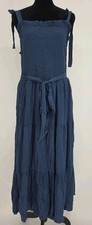 Lucky Brand Smocked Tiered Maxi Dress XL Indigo Blue Tie Strap Boho Midi Dress