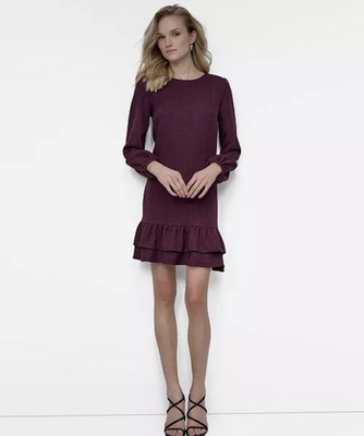#ad DKNY Solid Washer Burgundy Plum Long Sleeve Ruffle Hem Dress Size 12 $20.00