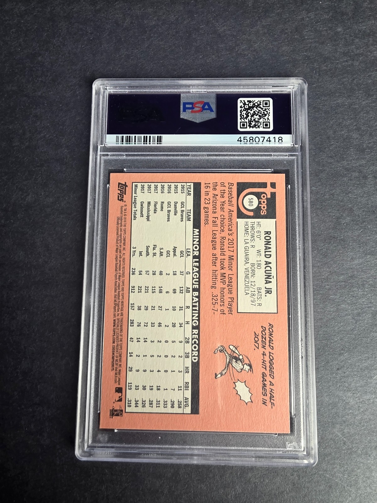 2018 Topps Heritage RONALD ACUNA JR #580 (RC) PSA GEM MINT 10 view 2
