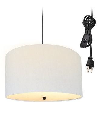 2 Light Swag Plug-In Pendant 16''w White Linen Drum with Diffuser, Black Cord