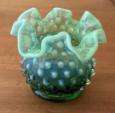 1941 Fenton Green Ruffled Opalescent Hobnail Rose Bowl Vase
