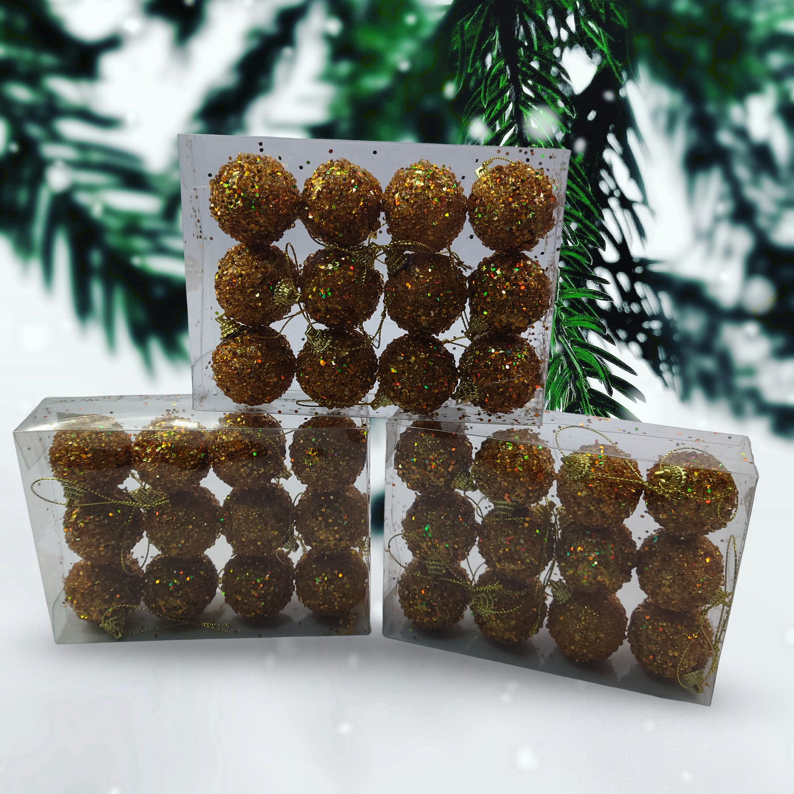 36 Gold Christmas Sugar Baubles Glitter Crystals Sparkle Set Of 3 Packs 3.5cm