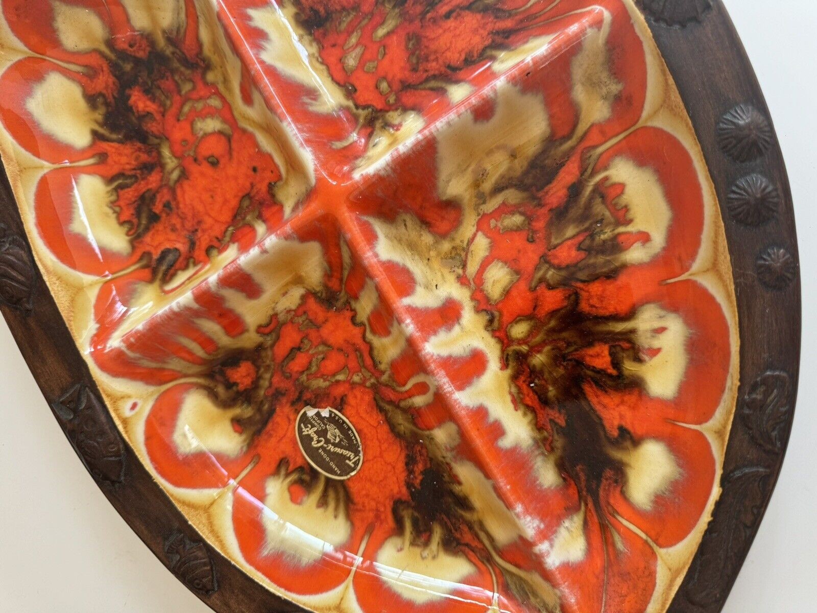 Fish Platter Vintage MCM Treasure Craft Large Sectioned Orange Brown Yellow EUC
