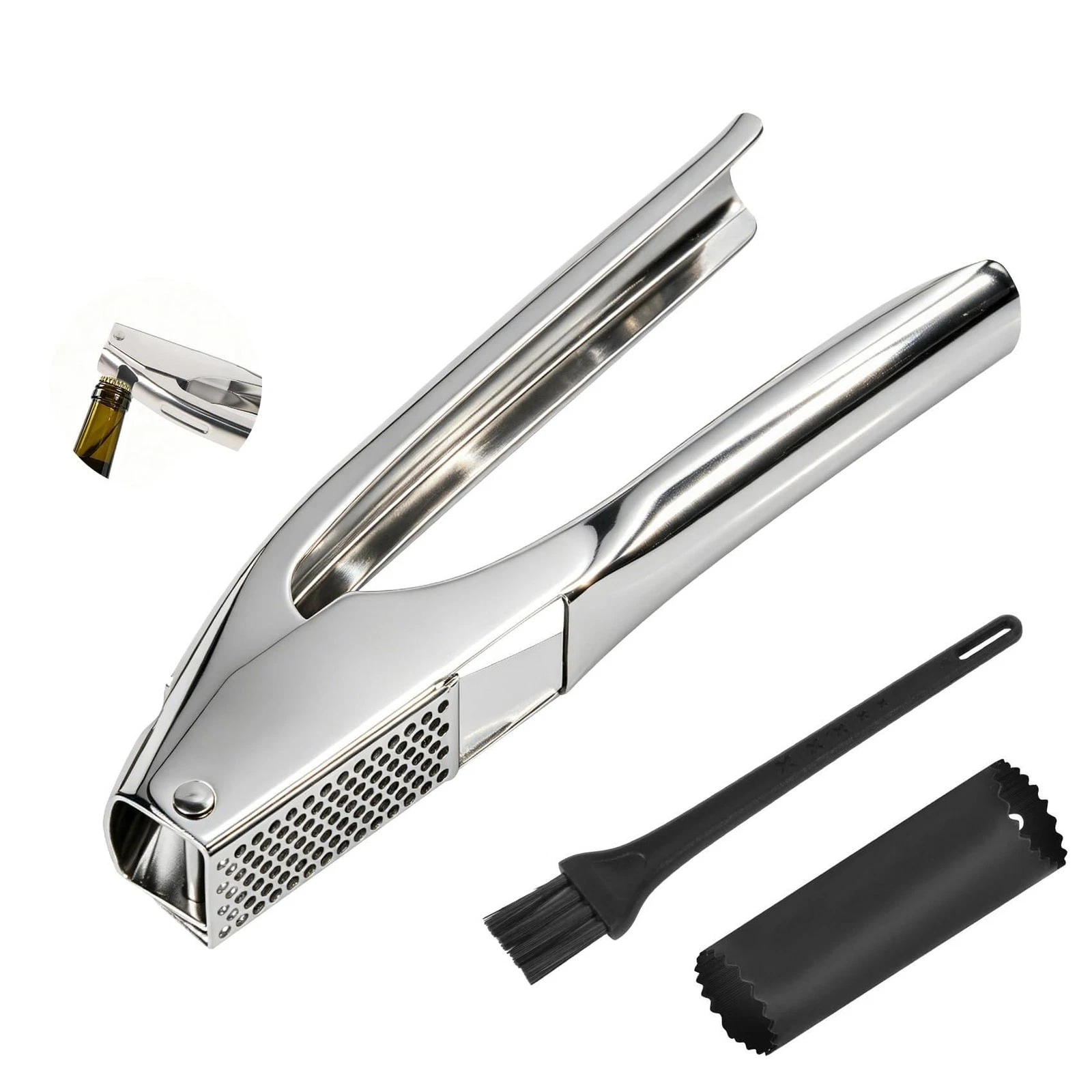 Garlic Press Stainless Steel, Garlic Mincer & Crusher with Peeler Tube and Cl...