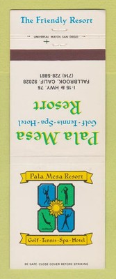 Matchbook Cover - Pala Mesa Resort Golf Tennis Hotel Fallbrook CA