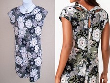 T by Talbots NEW Tropical Floral Open Back Dress sz M COMFY olive green keyhole