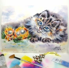 Original Watercolor Cat and Christmas Balls Painting - Holiday Scene Art, 9"x12"