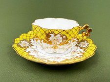 1770 Sevres Gold Gilt Enamel Jeweled Floral Ribbed Yellow Demitasse Cup Saucer