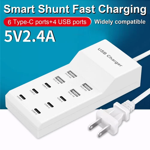 Multi 10 Port USB C Charger Station Wall Type C Fast Charging Adapter USB Hub - Picture 2 of 12