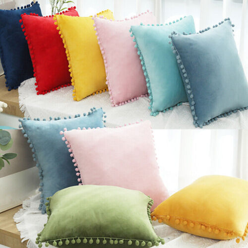 2x Pom Pom Velvet Cushion Covers Pillow Cases Soft Cushion Cover Sofa Home Decor - Afbeelding 1 van 21