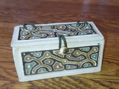 Vintage Handmade Clay Trinket Jewelry Box with Rope Hinges