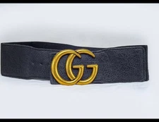 Womens Fashion Faux Leather & Elastic Belt 3" Wide Waist Belt With Gold Buckle