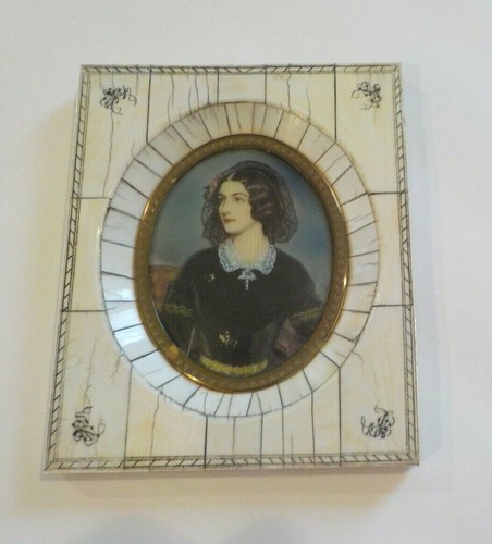 19th C. Miniature Watercolor Portrait Painting, Young Woman, Lace Scarf (#4) - Picture 7 of 8