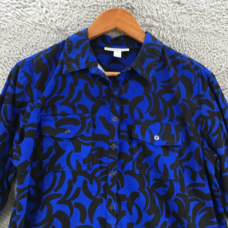 Dana Buchman Shirt Womens Medium Blue Black Print Roll Tab Sleeves Button Up - Image 2 of 4