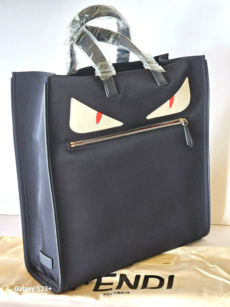 New Authentic Fendi Monster Tote Hand Bag Nylon Leather Blue White