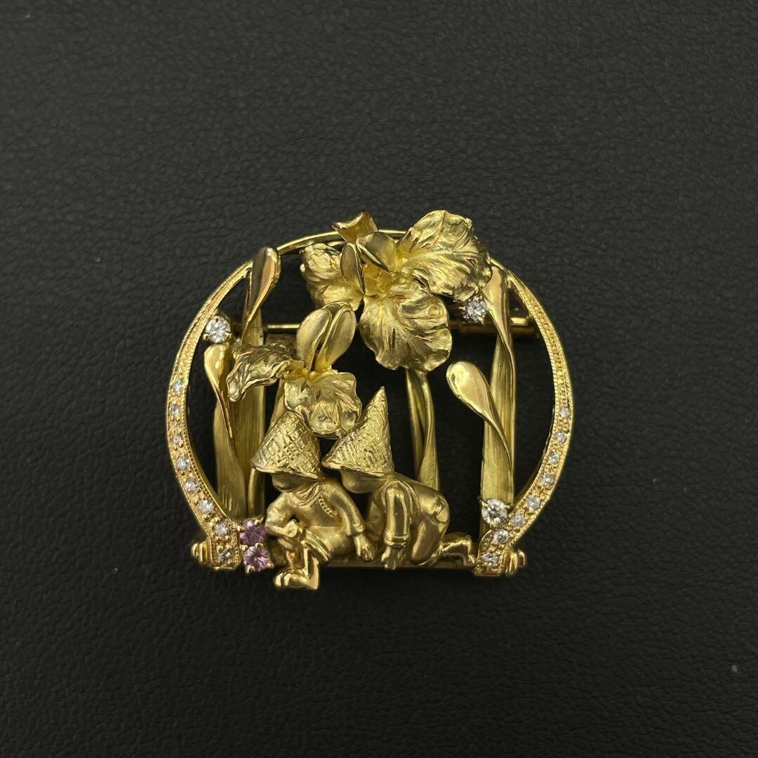 K18 750 Yellow Gold Sapphire Diamond Design Brooch FROM