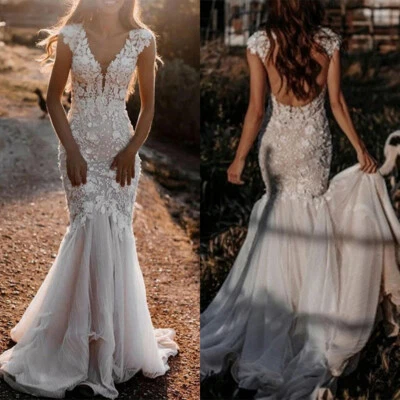 Brautkleid Hochzeitskleid Mermaid & Trompete V-Ausschnitt Spitze Aufkleber - Bild 1 von 4