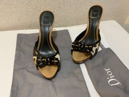 Dior Vintage Leopard Canvas Bow Detail Wood Clog/ Slides Sz 37 - Picture 11 of 12