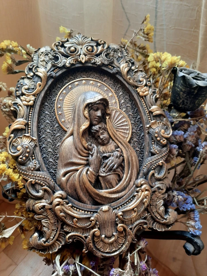Blessed Virgin Mary WOOD CARVED CHRISTIAN ICON WALL HANGING - Image 2 of 4