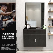 Black Wall Mounted Salon Station with Mirror+Drawer Beauty Barber Shop Furniture
