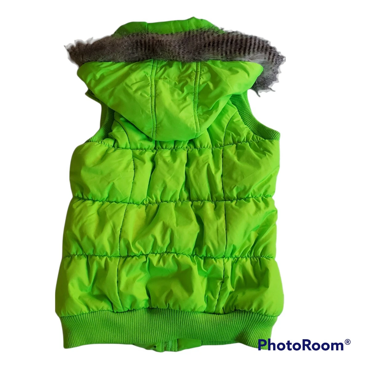 Green vest shop with fur hood