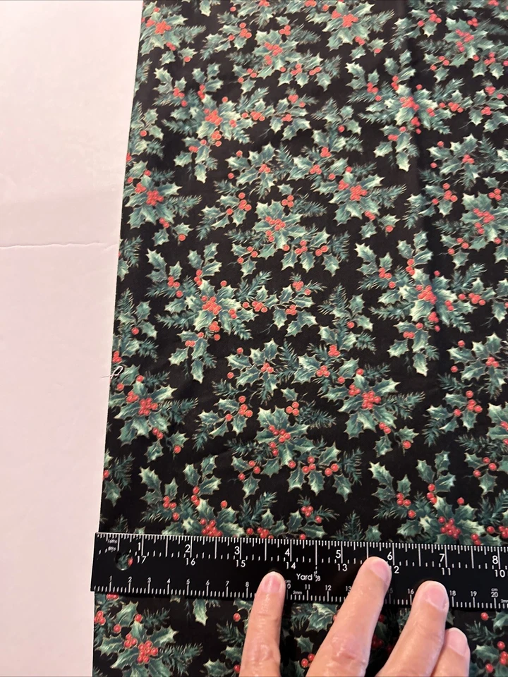 Treasured Traditions Cotton Holly Red Berry Green Leaf Metallic Gold Black - Image 2 of 3