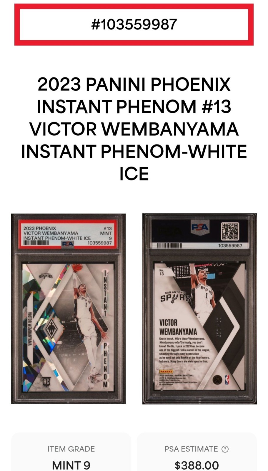 2023 Victor Wembanyama(RC) Phoenix Instant Phenom-White Ice ##/125  PSA 9 view 6