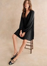 Sézane Selita Black Pleated Mini Shift Dress Size 38 NWOT