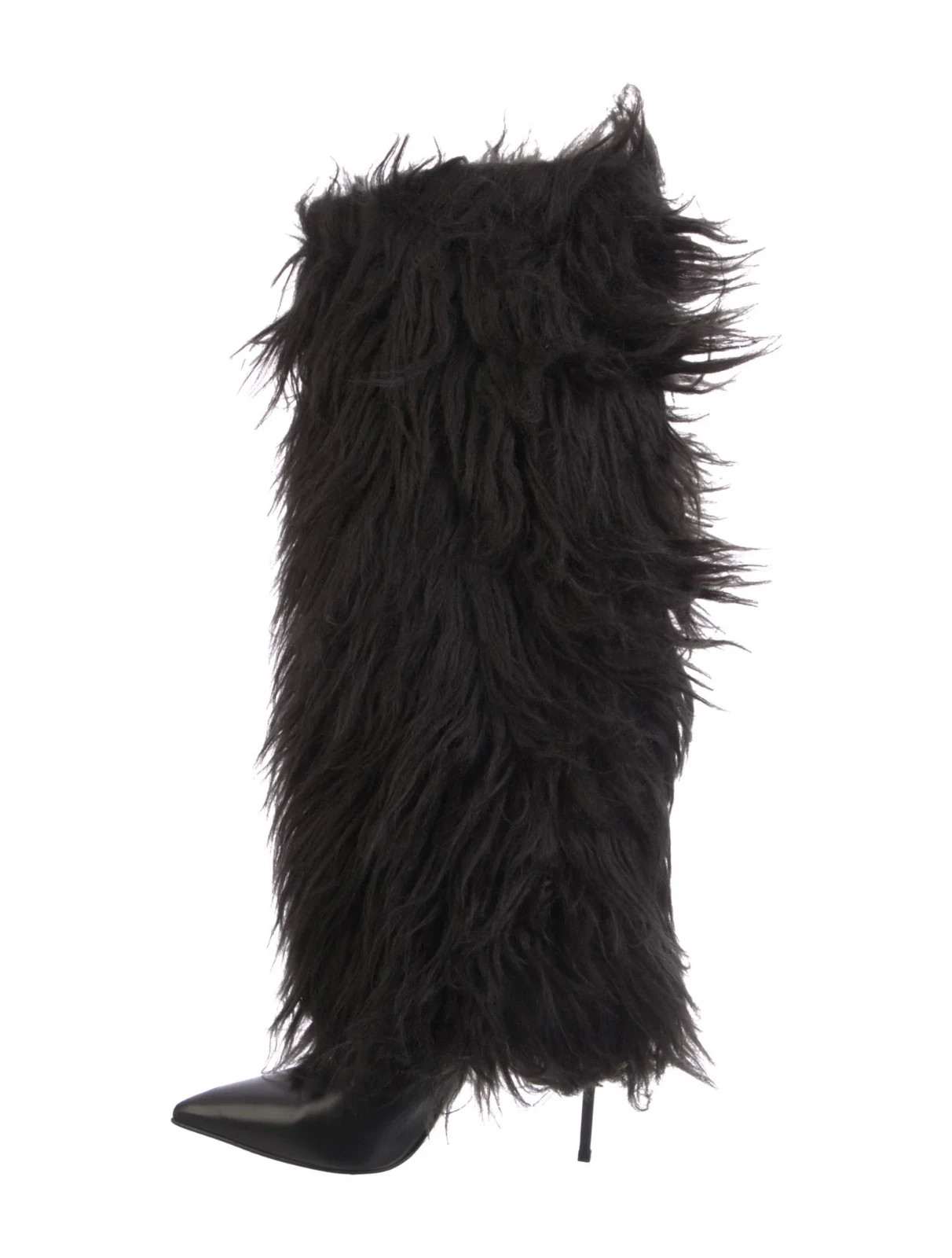 Le Silla Black Black Leather & Fur Knee-High Boots Size 12 IT 42 Very Good Cond.