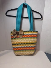 Chevron Print Large Handbag W Bow, Multicolored,  Cotton, Double Handle