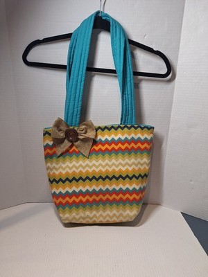 Chevron Print Handbag, Multicolored, Cotton, Double Handle, Large 