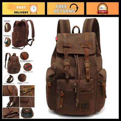 Vintage Canvas Travel Backpack, Leather Trim, Padded Laptop Sleeve, Hidden Pocke
