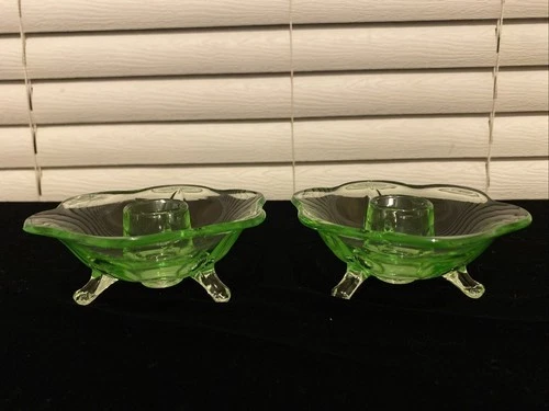 2 FENTON Green Uranium Vaseline Glass LOTUS 6-Petal 3-Footed Candle Holders