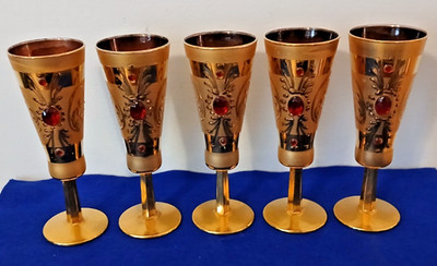 Vintage Handblown and 24k Gilt Champagne Flutes- Set of (5)