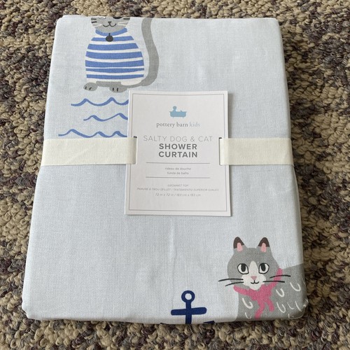 NEW Pottery Barn Kids Shower Curtain Salty Dog & Cat Blue 72 x 72"