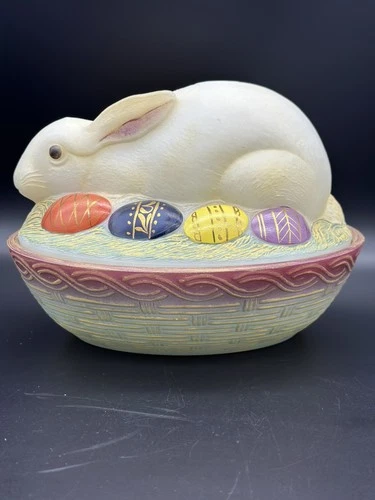 Vintage Fenton Folk Art Glass Easter Bunny Rabbit on Nest Covered Dish