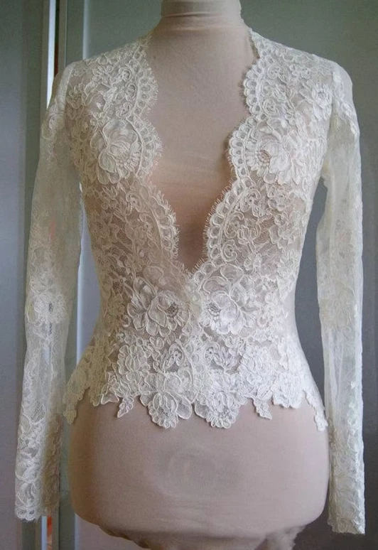 New Bridal Wraps Lace Wedding Jackets Bolero Ivory White Bridal Long Sleeves - Image 2 of 4