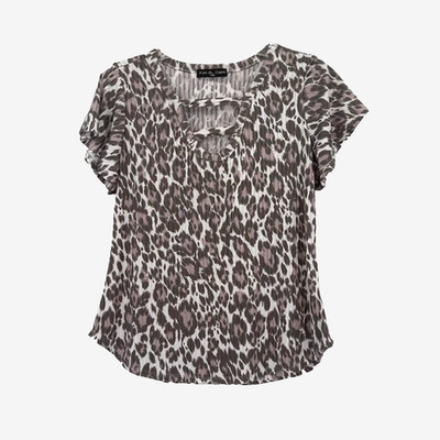 Kim & Cami Womens Small Leopard Print Flutter Sleeve Strappy Neck Stretch Top