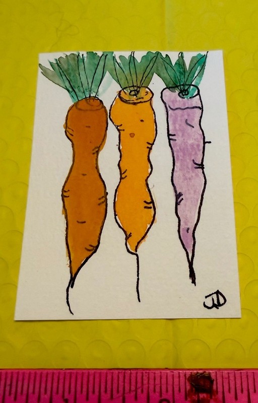 ACEO *Art Print of Original painting  (2.5x3.5 inches) J Drake Rainbow Carrots