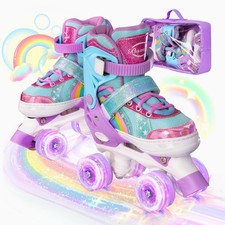 Rainbow Adjustable Roller Skates with Light Up Wheels  Safety Protection for...
