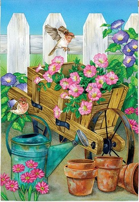 Wheelbarrow Sparrow Watering Can  Petunia Morning Glories Summer  Garden Flag